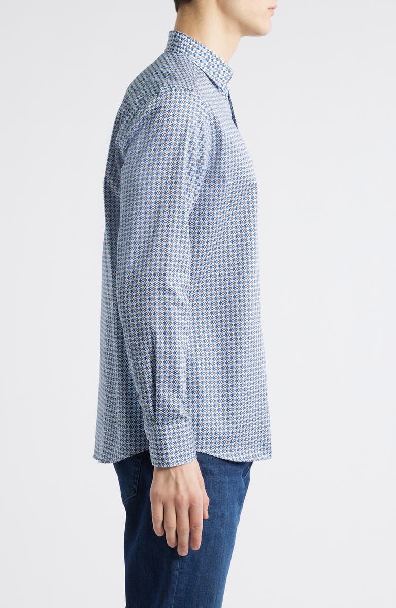 Johnston & Murphy Wavy Diamond Print Cotton Button-Up Shirt, Alternate, color, Blue/ Brown