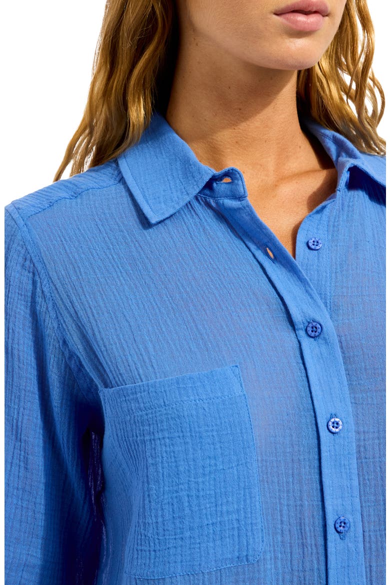 Breeze Beach Button-Up Cotton Gauze Cover-Up Shirt, Alternate, color, SAPPHIRE
