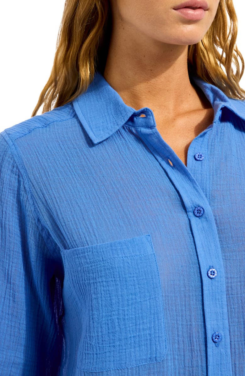 Seafolly Breeze Beach Button-Up Cotton Gauze Cover-Up Shirt, Alternate, color, Sapphire