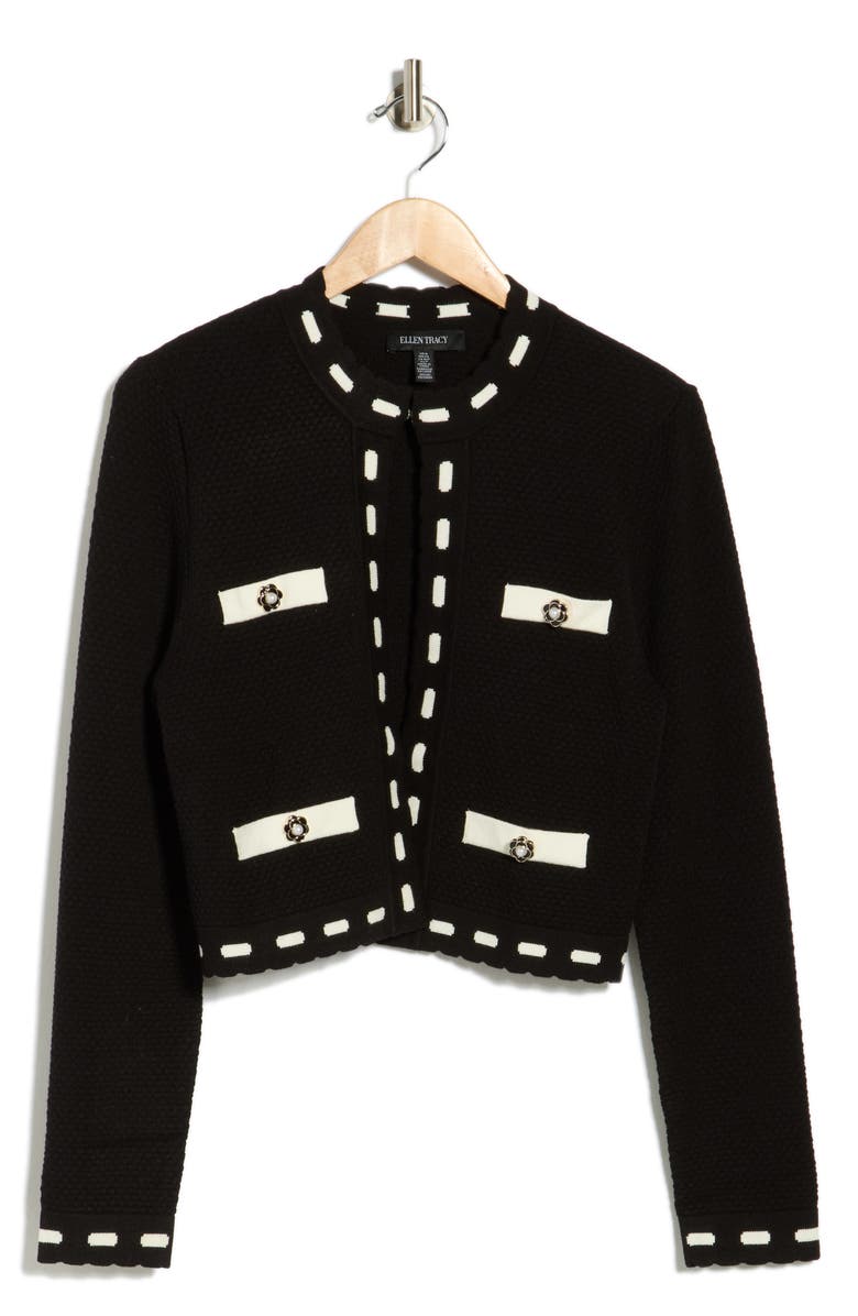 Ellen Tracy Seed Stitch Trim Crop Cardigan, Alternate, color, Black