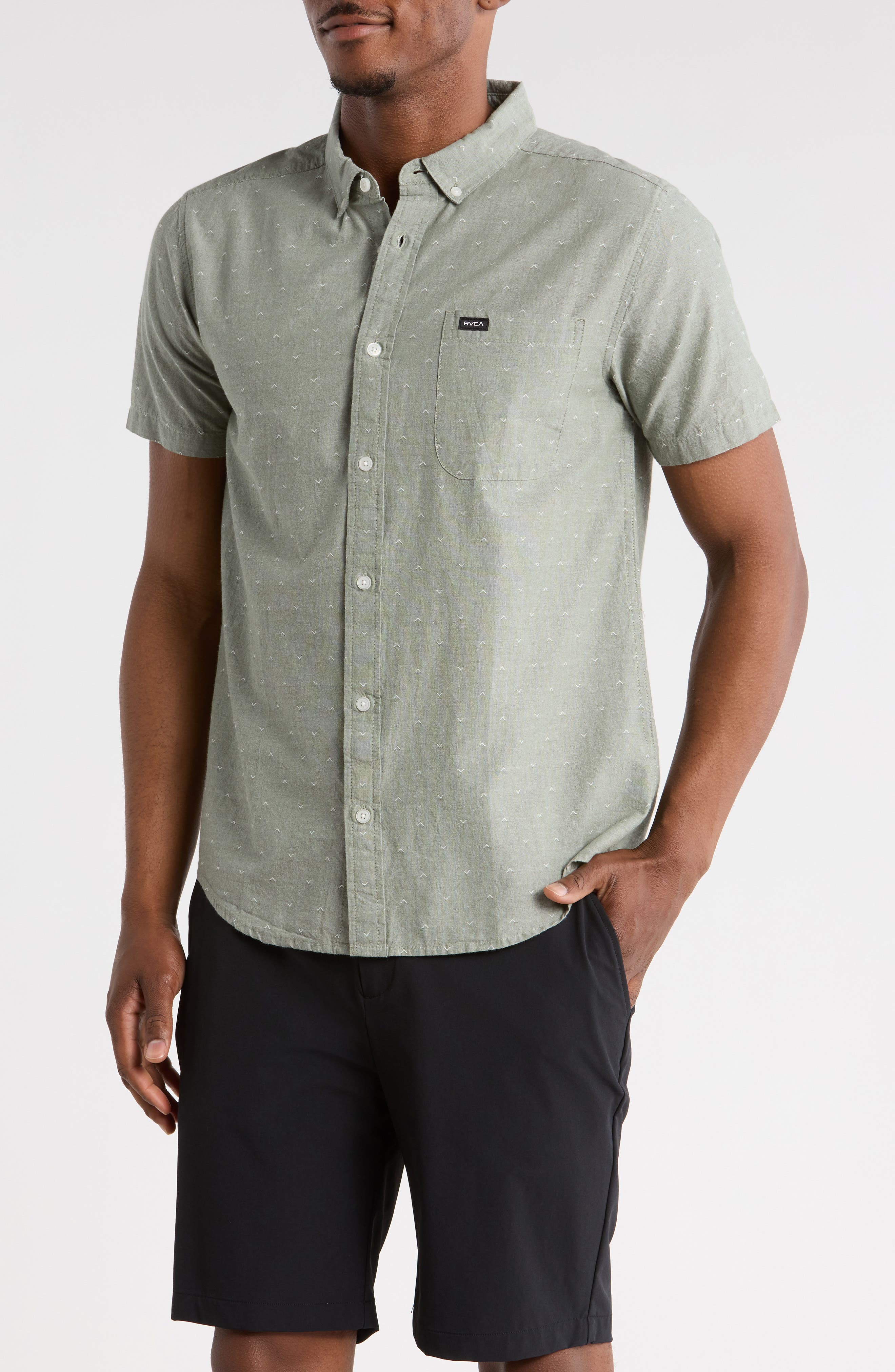 RVCA That'll Do Slim Fit Solid Short Sleeve Cotton Button-Down Shirt