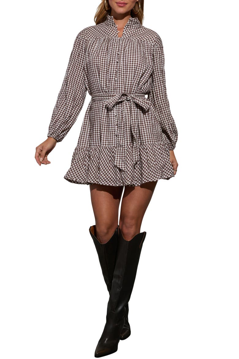 Sweet Autumn Plaid Belted Long Sleeve Mini Shirtdress, Main, color, BROWN/ CREAM
