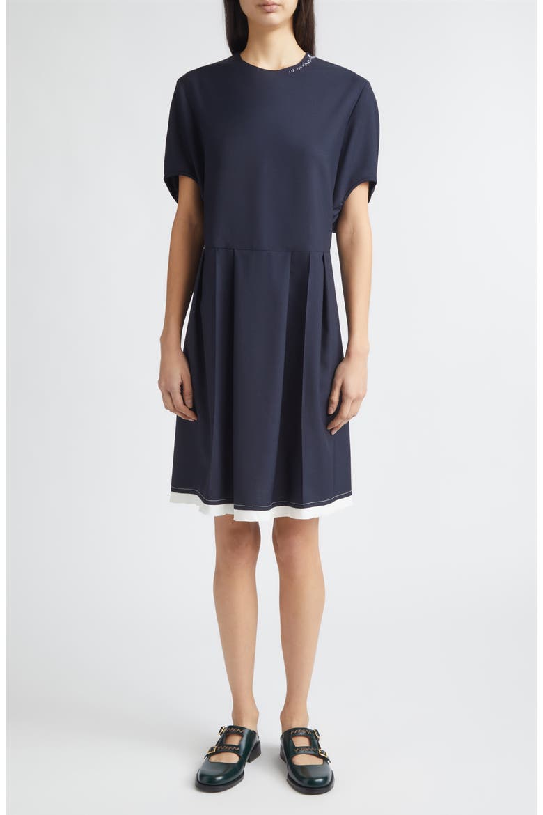 Tropical Wool Pleated Puff Sleeve Dress, Main, color, 00B99BLUBLACK