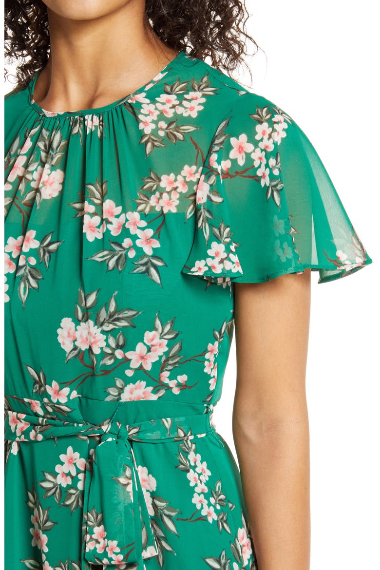 Floral Flutter Sleeve Chiffon Dress, Alternate, color, GREEN