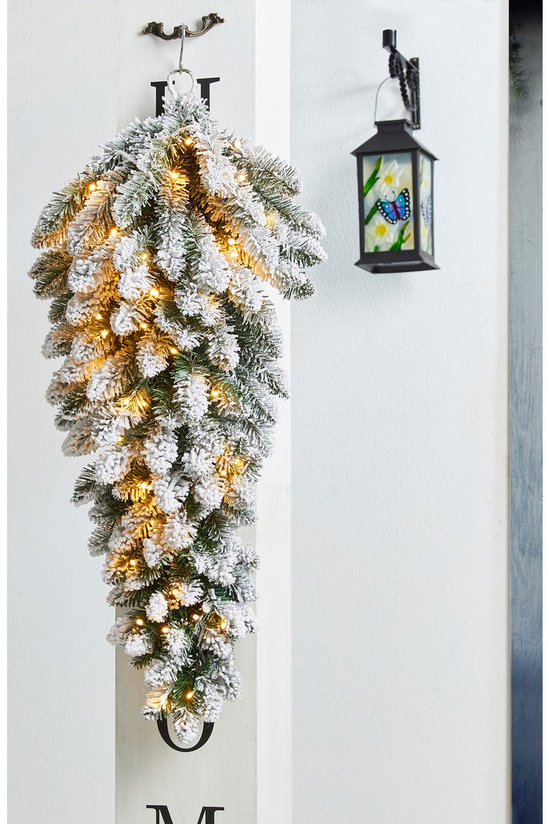 3ft Pre-Lit Flocked Christmas Teardrop with Timer, Alternate, color, Green