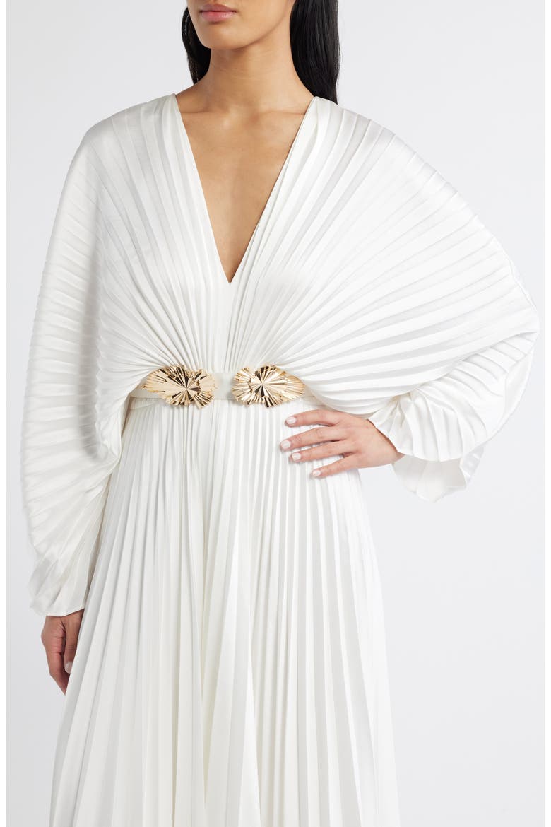 Wonastow Long Sleeve Pleated Satin Maxi Dress, Alternate, color, IVORY