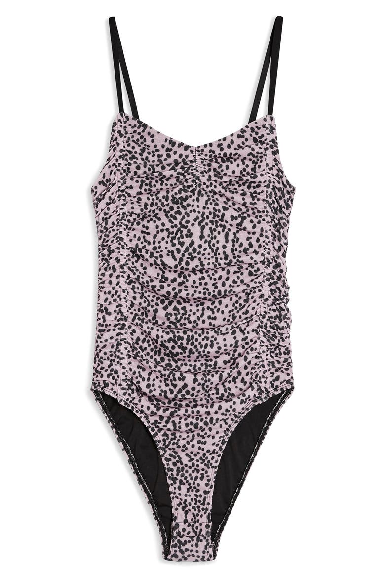Ruched Spot Print Bodysuit, Alternate, color, BLACK MULTI