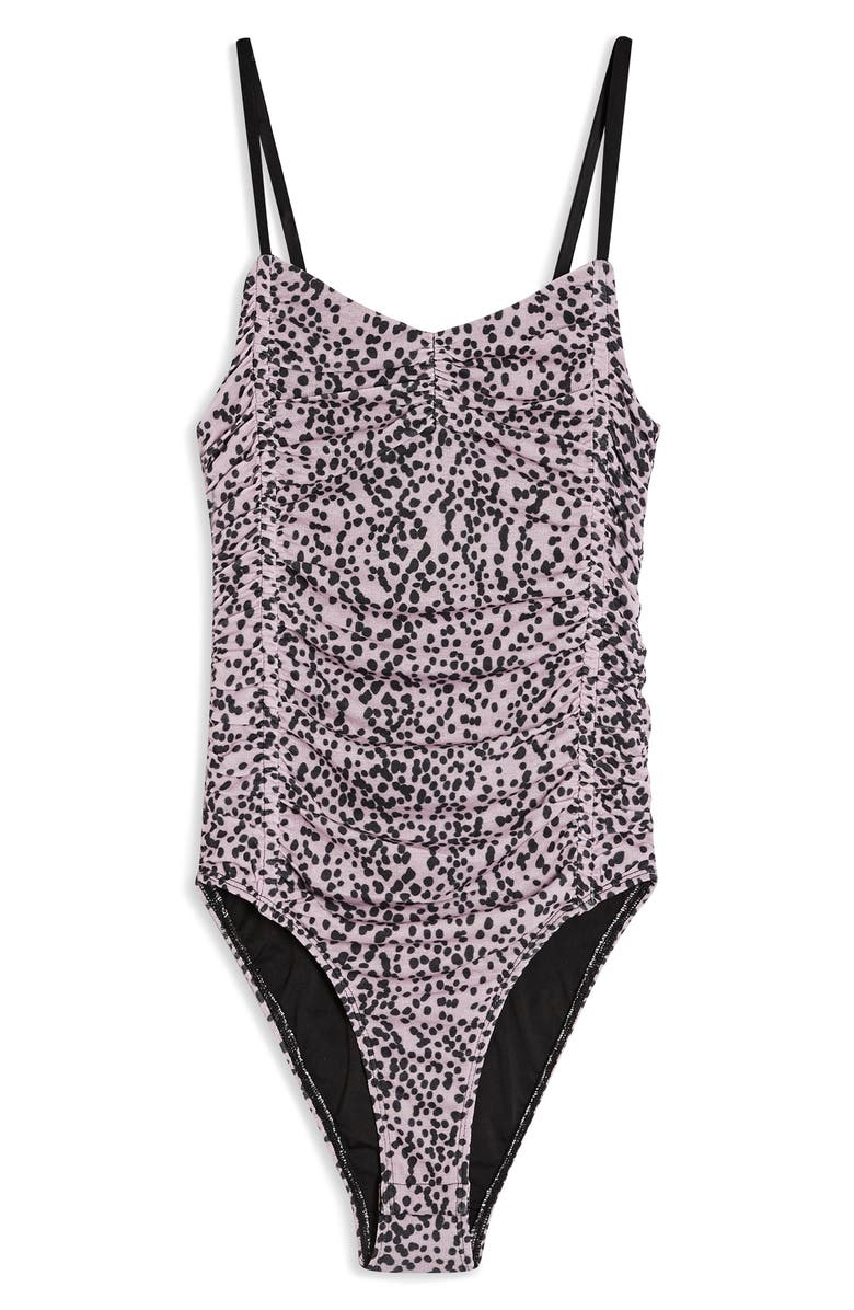 Topshop Ruched Spot Print Bodysuit, Alternate, color,