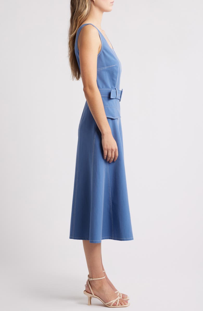 Tahari Sleeveless Belted Denim Midi Dress, Alternate, color, Indigo
