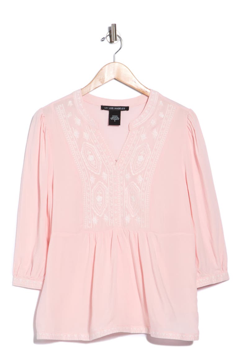 Embroidered Split Neck Top, Main, color, BLUSH
