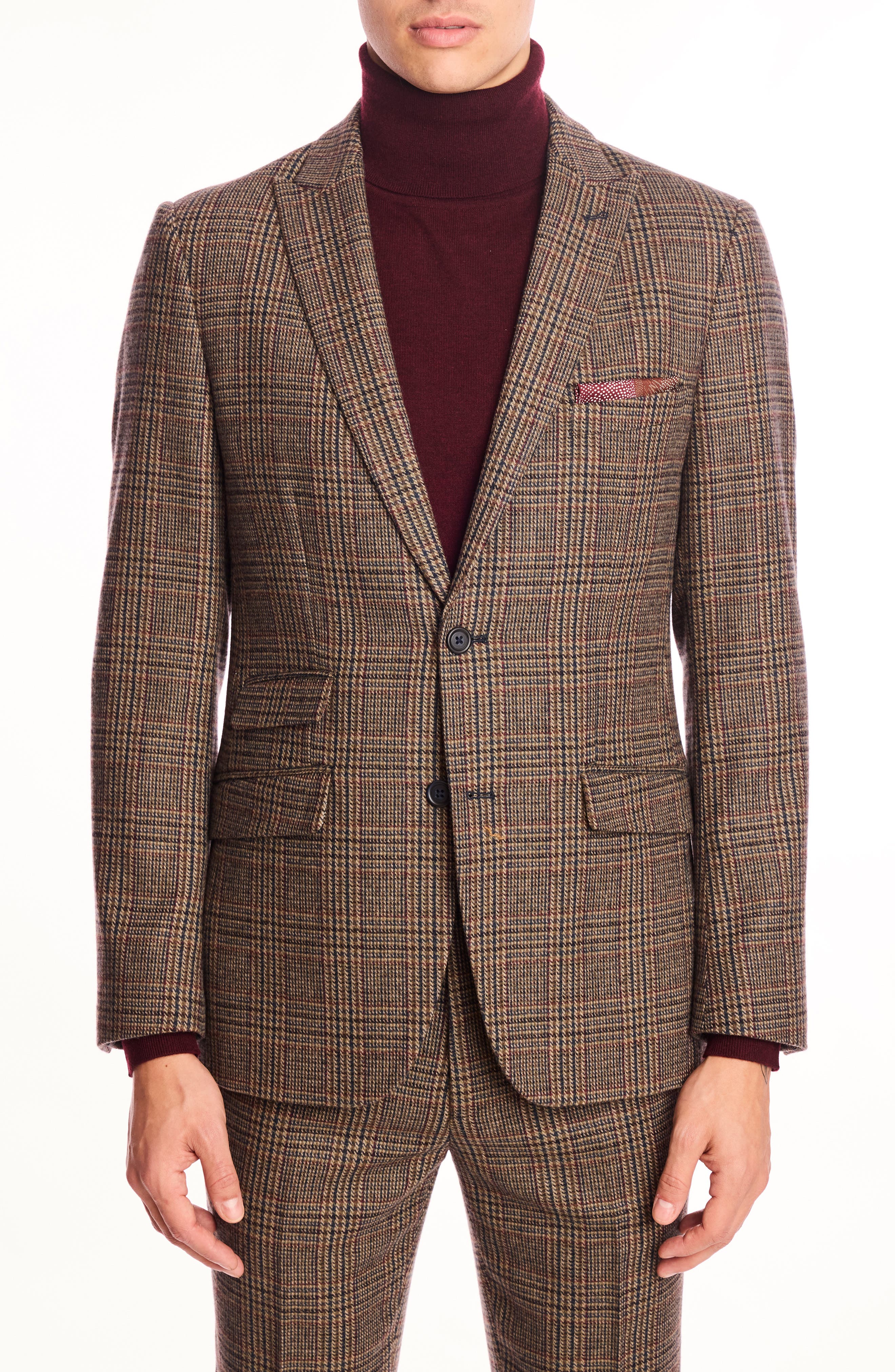 PAISLEY & GRAY Ashton Slim Fit Burgundy Plaid Wool Blend Blazer