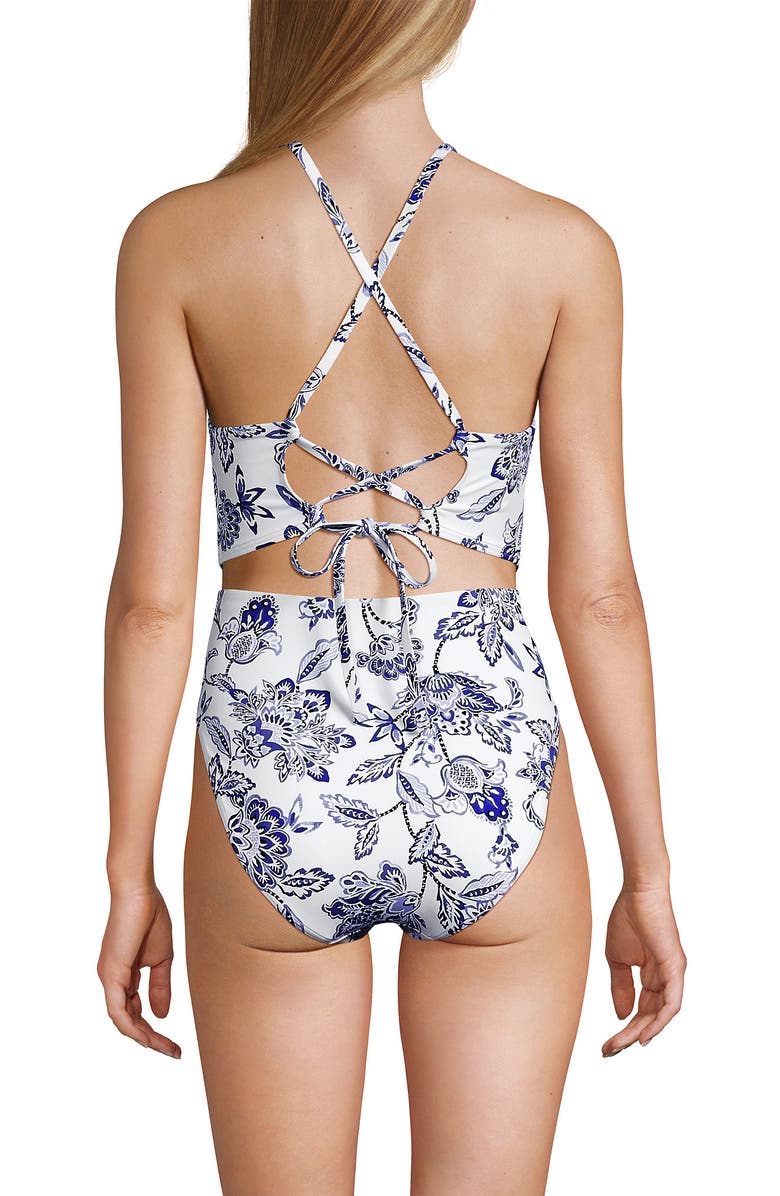 Lands' End High Neck Monokini High Leg One Piece Swimsuit, Alternate, color, Blue Vintage Floral