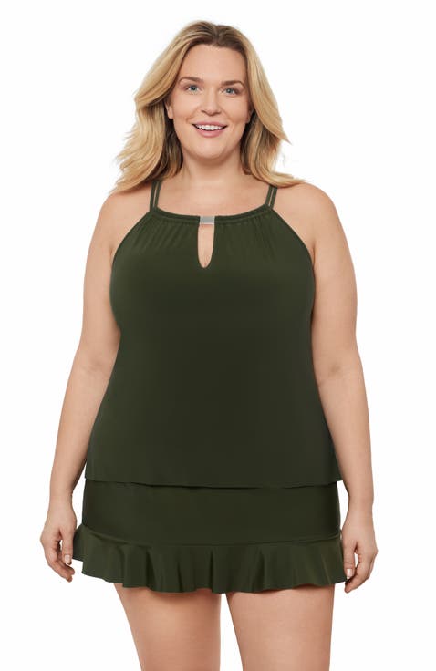 Plus Size Keyhole High Neck Full Coverage Adjustable Tankini Swimsuit Top