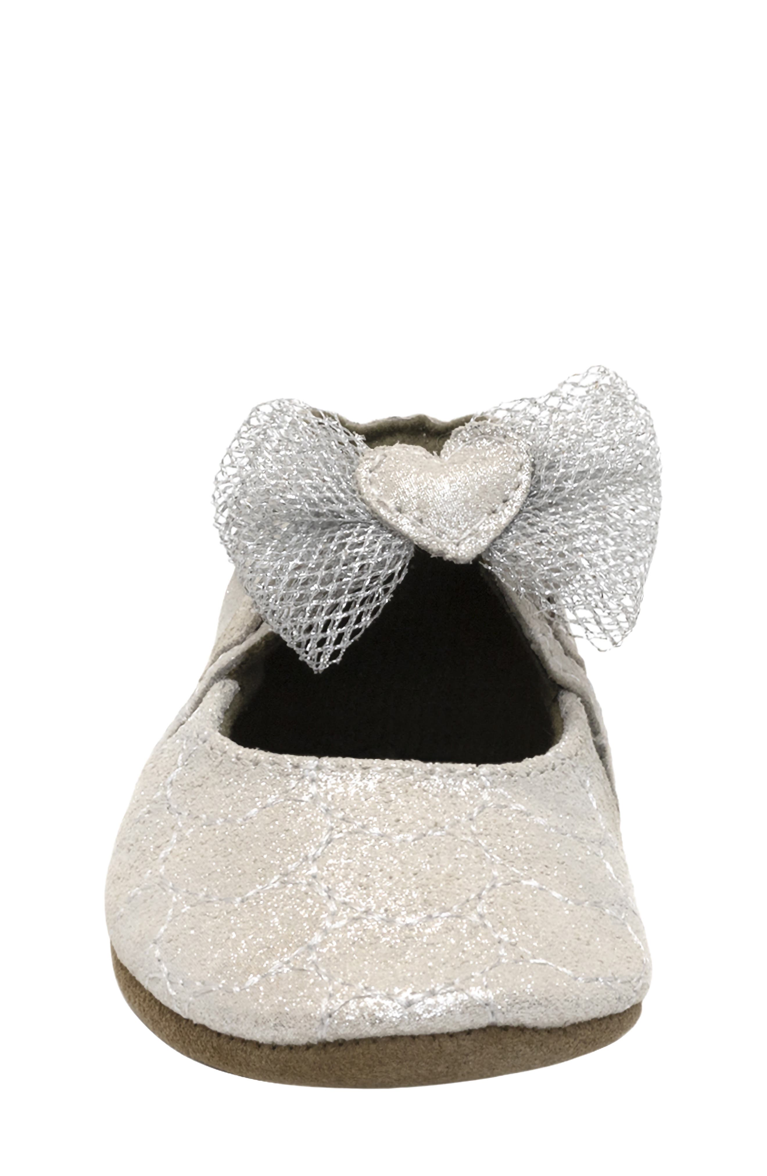 Robeez<sup>®</sup> Desiree Heart Bow Mary Jane Crib Shoe, Alternate, color, Silver