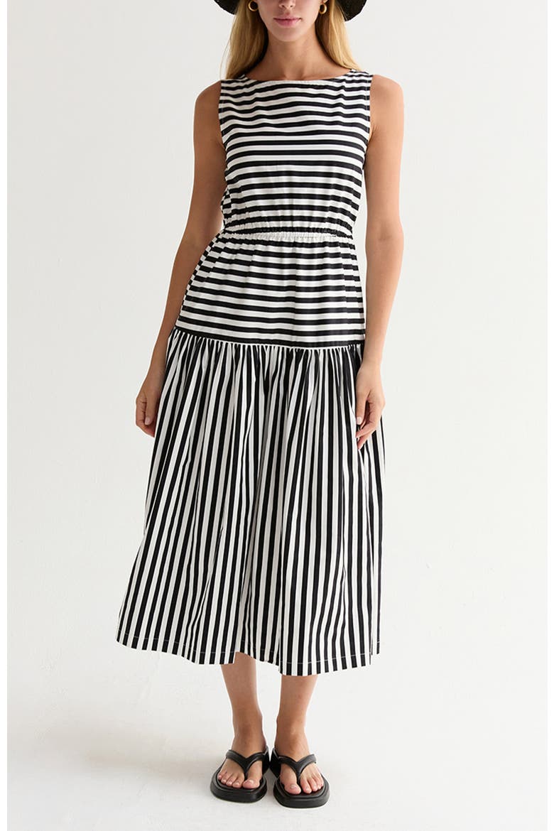 Cotton Blend Gathered Stripe Midi Dress, Main, color, White/Black