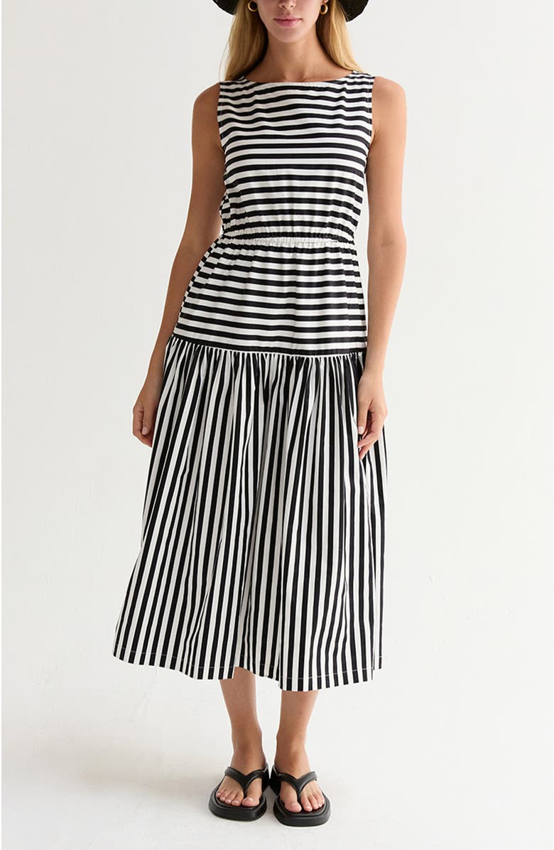 CRESCENT Cotton Blend Gathered Stripe Midi Dress, Main, color, White/Black