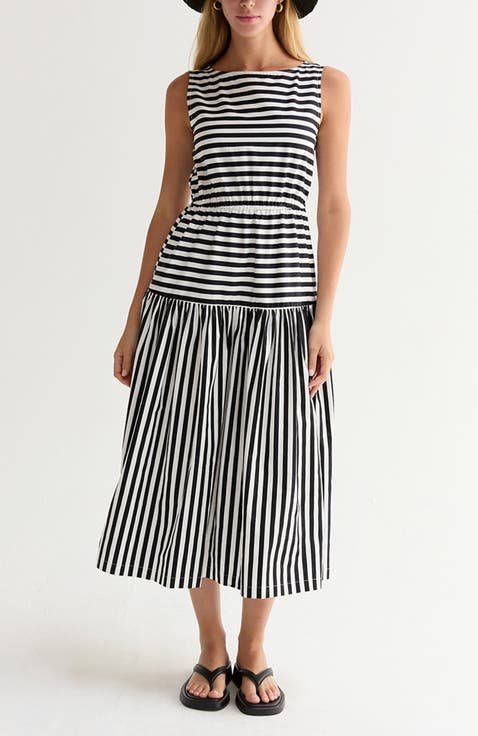 Cotton Blend Gathered Stripe Midi Dress