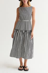 CRESCENT Cotton Blend Gathered Stripe Midi Dress