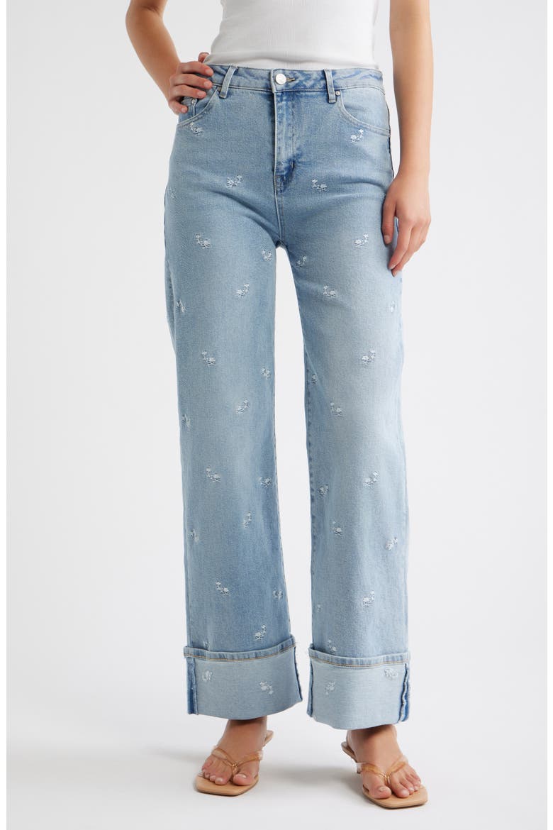 Flower Embroidered Cuffed Straight Leg Jeans, Main, color, LIGHT INDIGO