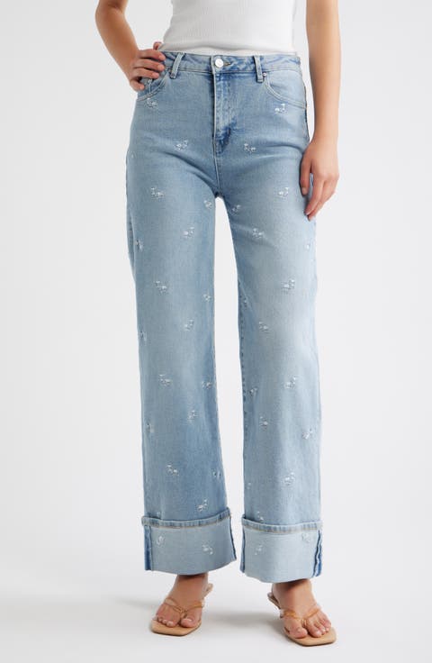 Flower Embroidered Cuffed Straight Leg Jeans