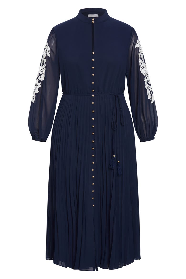 Adorn Pleated Long Sleeve Maxi Dress, Alternate, color, NAVY