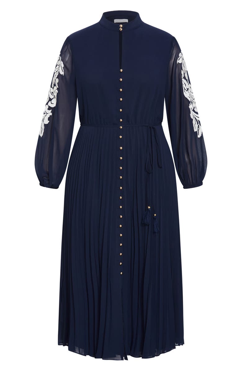 City Chic Adorn Pleated Long Sleeve Maxi Dress, Alternate, color, Navy