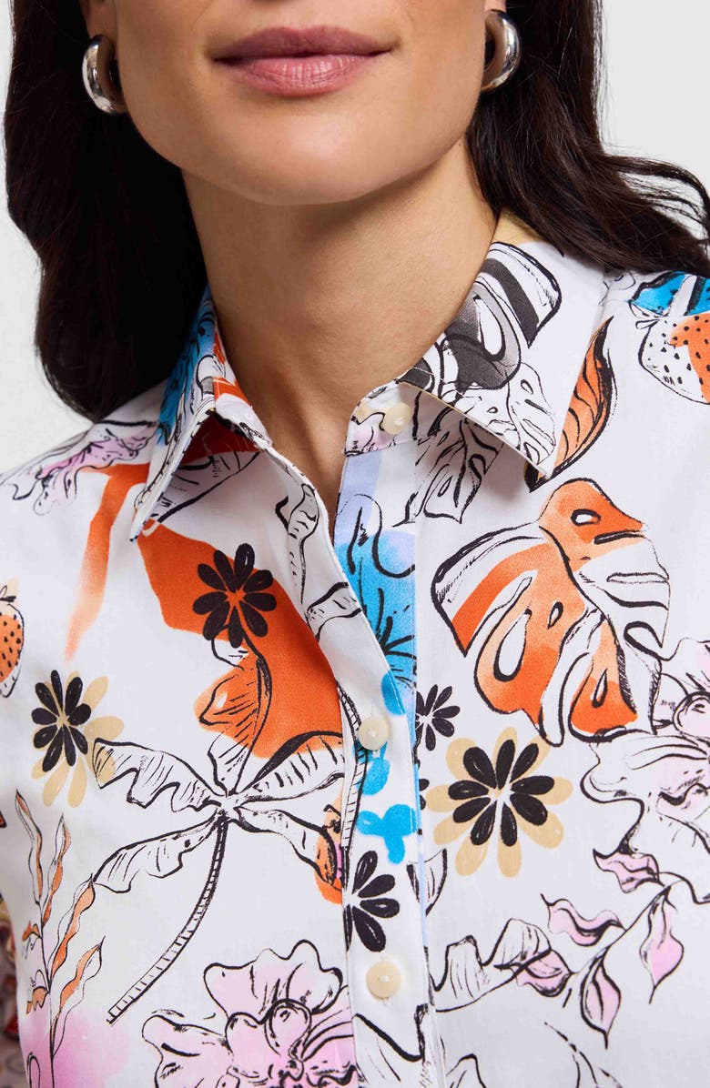 Foxcroft Meghan Watercolor Print Cotton Button-Up Shirt, Alternate, color, White/ Orange Multi