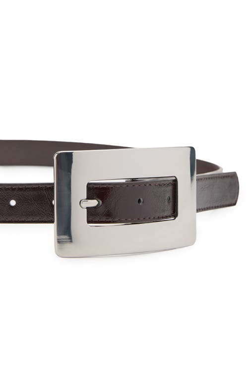 Mango Faux Leather Belt With Oversized Rectangle Silver-tone Buckle In Brown