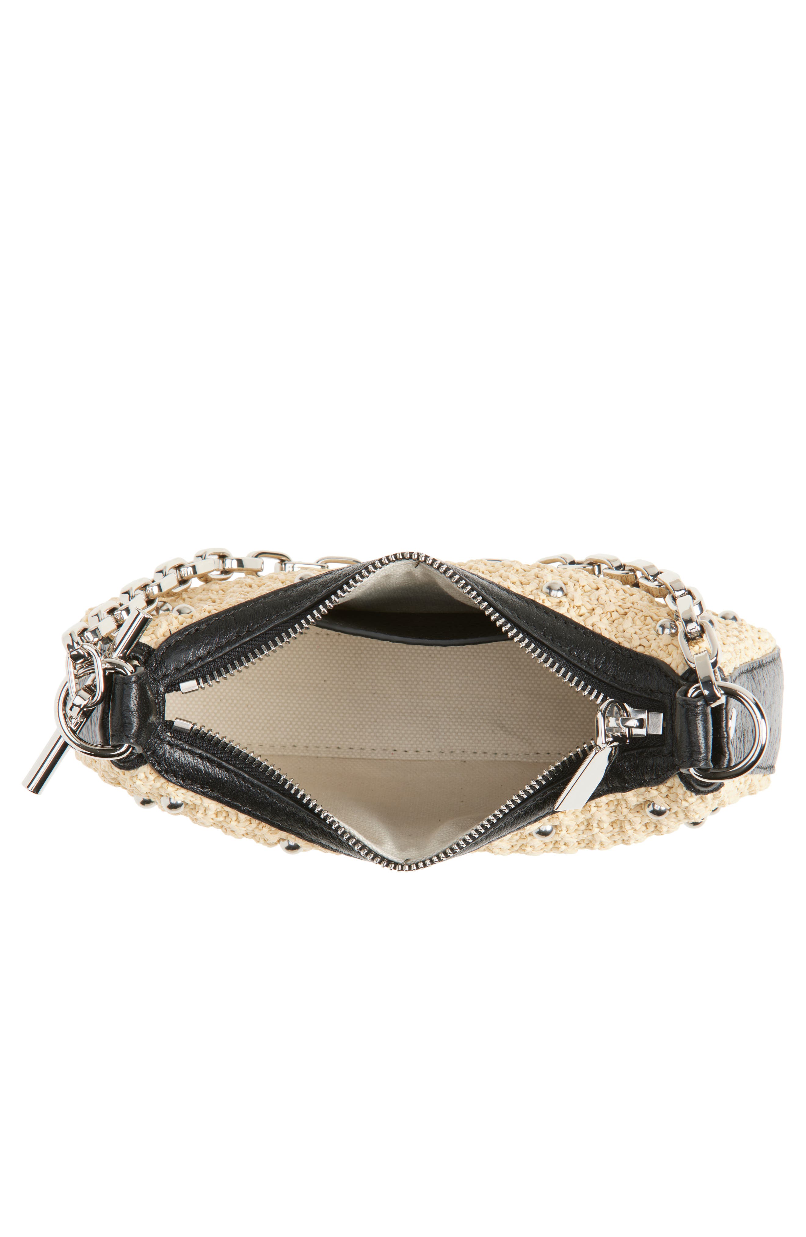 McQueen Mini T-Bar Studded Faux Raffia Pouch, Alternate, color, Natural/ Black/ Silver