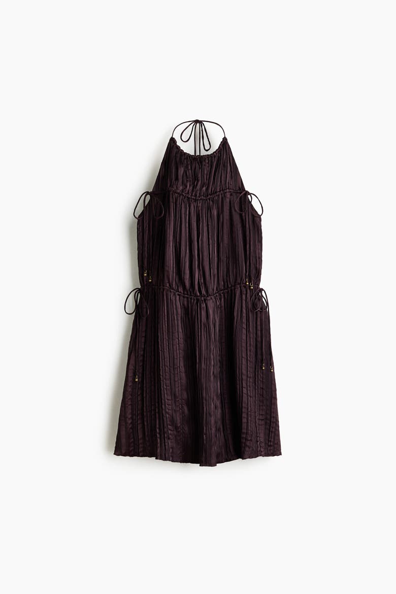 Drawstring-Detail Halterneck Dress, Alternate, color, Dark brown