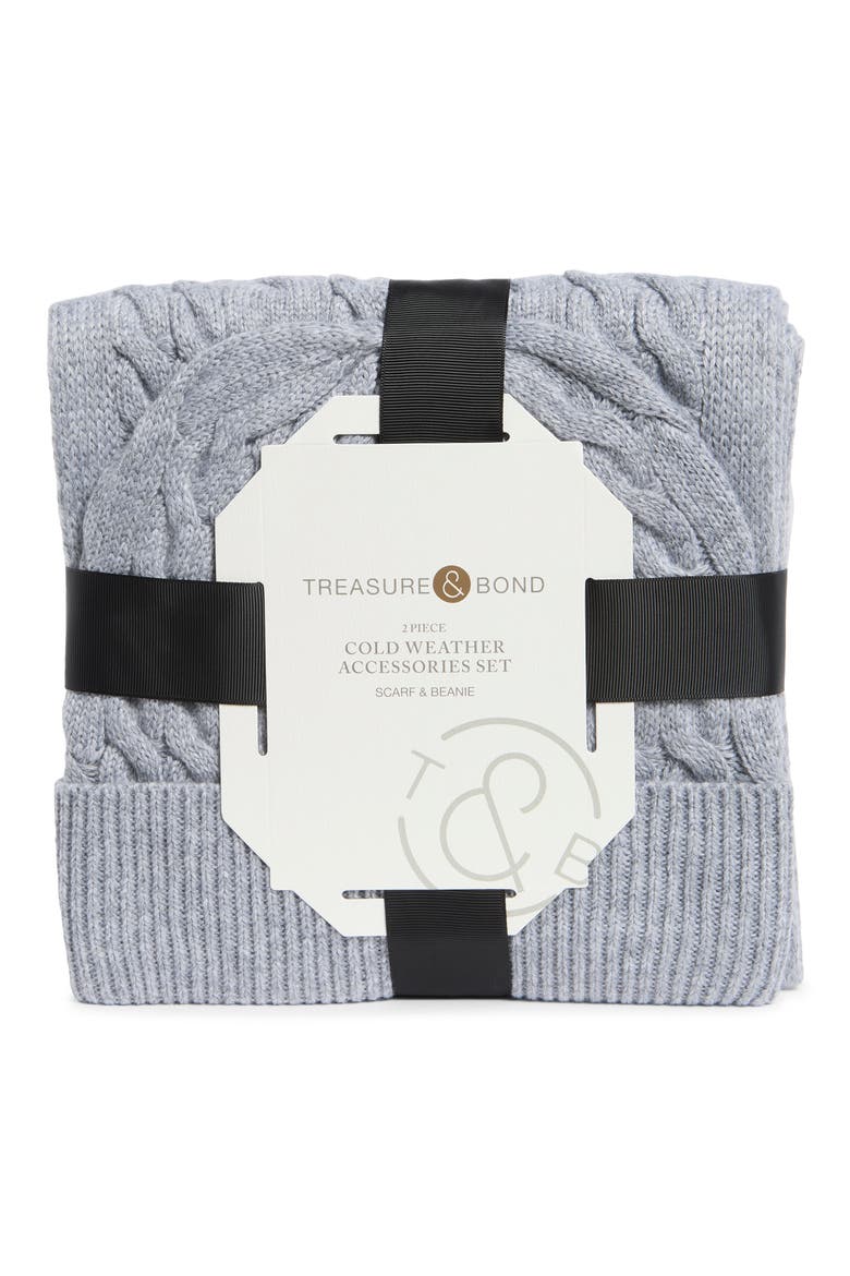 Cable Knit Scarf & Beanie Set, Alternate, color, GREY