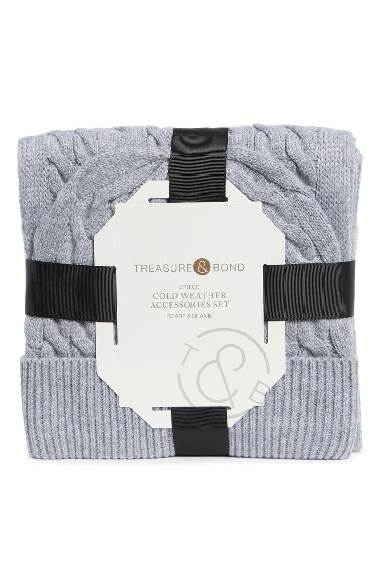 Treasure & Bond Cable Knit Scarf & Beanie Set, Alternate, color, Grey