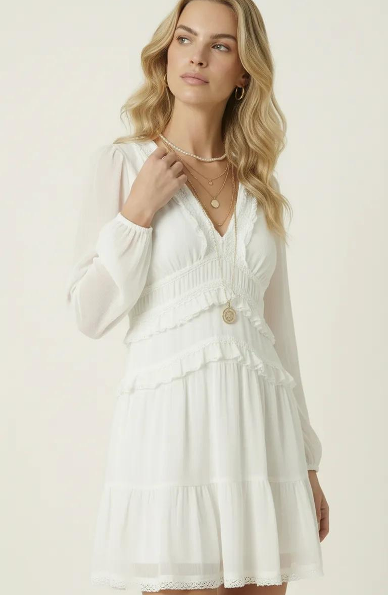 Modenaire Long Sleeve V-Neck Ruffle Tiered Mini Dress with Sheer Chiffon Overlay, Alternate, color, 