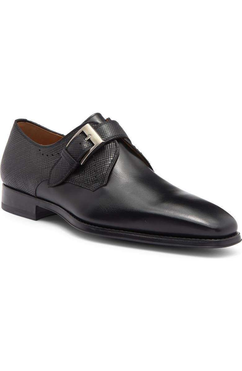 Magnanni Easton Stamp Monk Strap Shoe, Main, color, Black