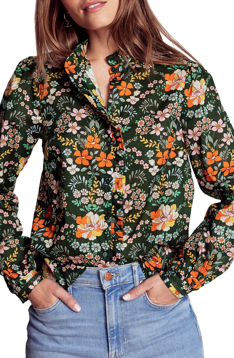 Boden Helena Floral Cotton Button-Up Shirt, Main, color, Green Flrishing Garden
