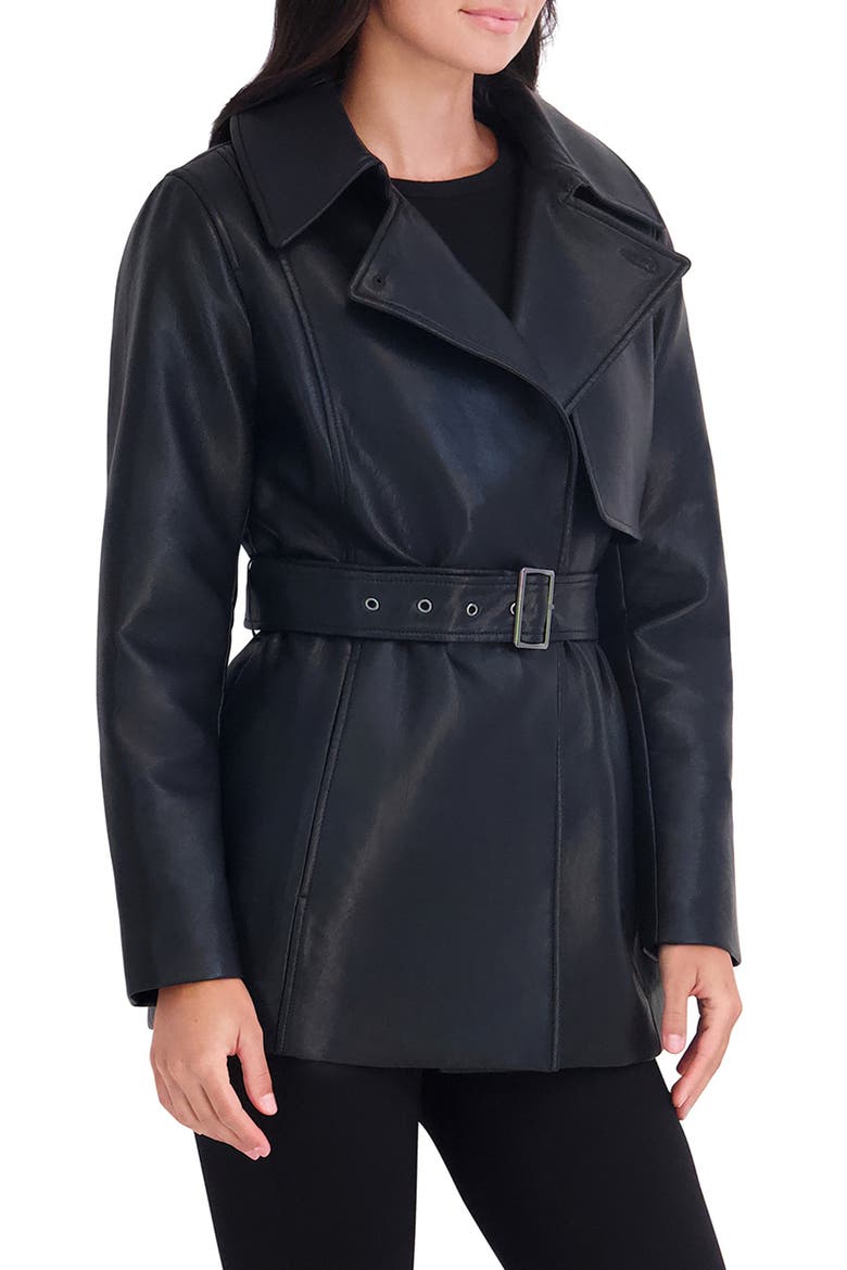 Faux Leather Belted Trench Coat, Alternate, color, BLACK