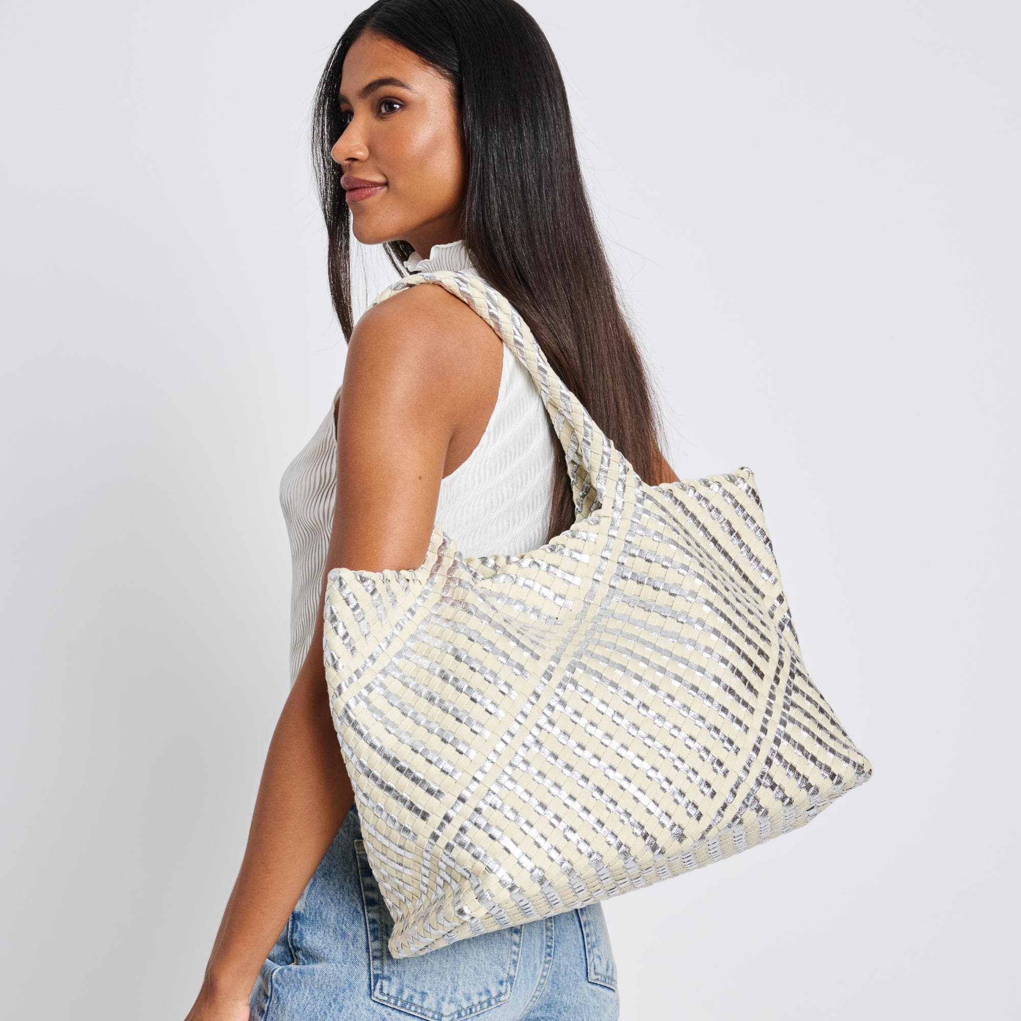 MODA LUXE Solana - Mixed Material Tote, Alternate, color, Silver Ivory