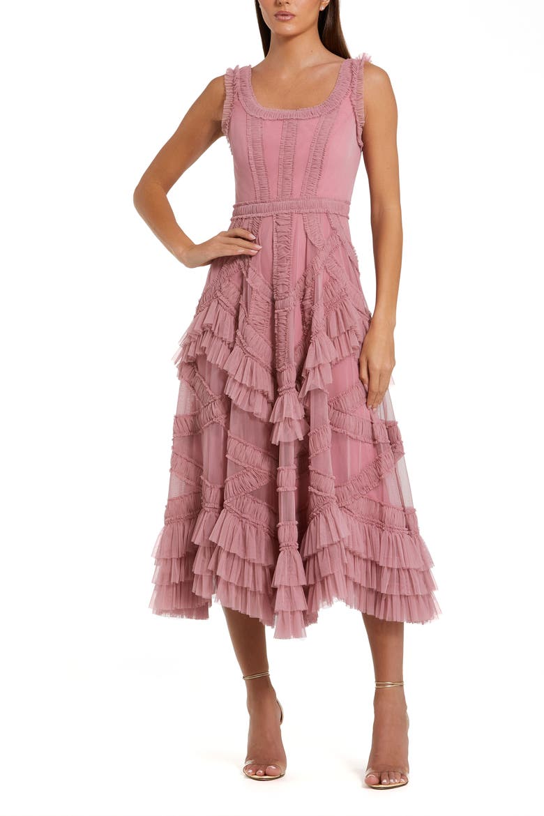 Petite  Scoop Neck Sleeveless Mesh Micro Ruffle Midi Dress, Main, color, Antique Rose