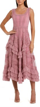 Mac Duggal Petite Scoop Neck Sleeveless Mesh Micro Ruffle Midi Dress