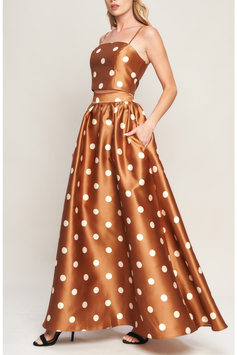 Polka Dot Satin Maxi Skirt, Alternate, color, CARAMEL