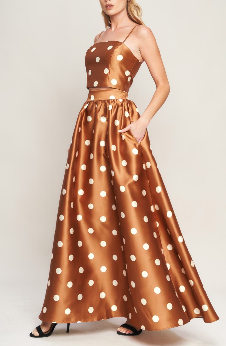 FLYING TOMATO Polka Dot Satin Maxi Skirt, Alternate, color, Caramel