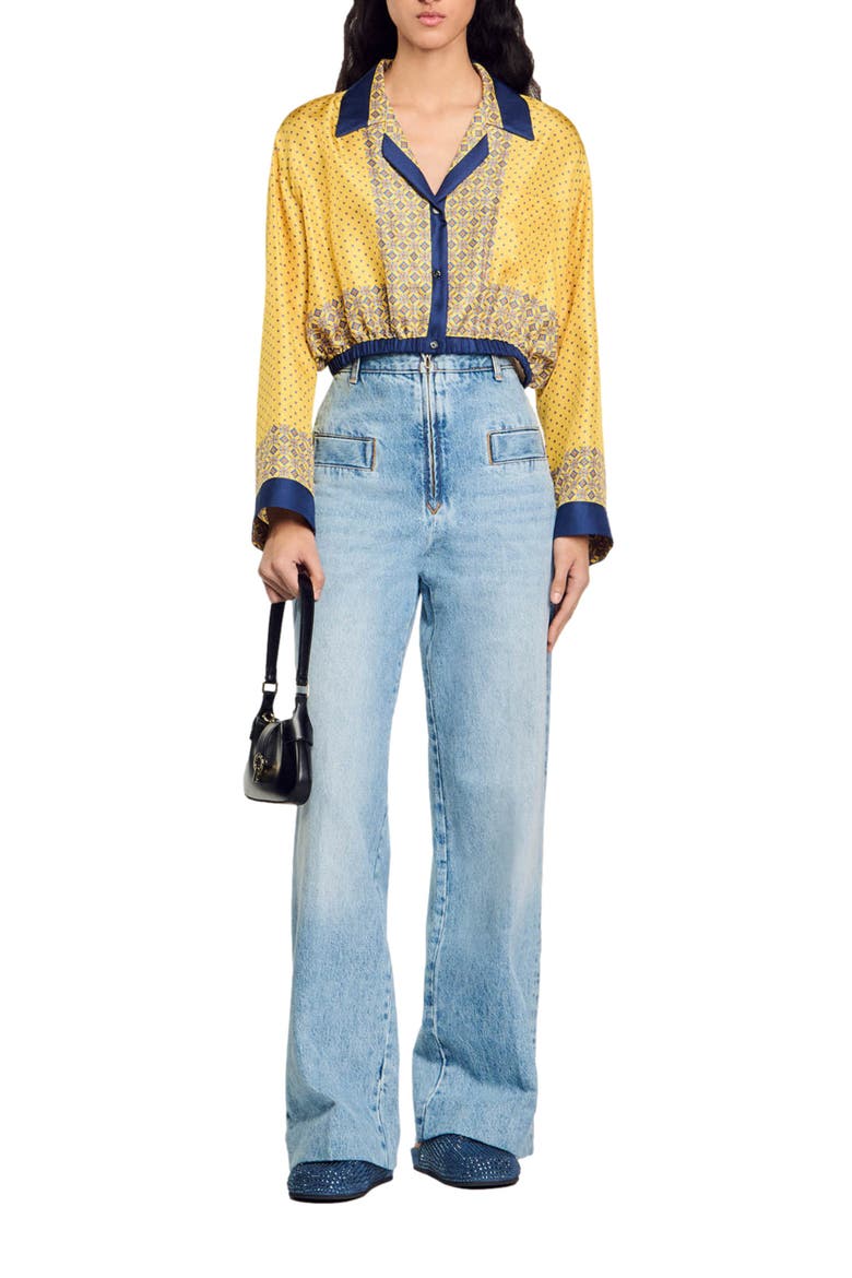 Short patterned flowing silk shirt, Alternate, color, Yellow / blu