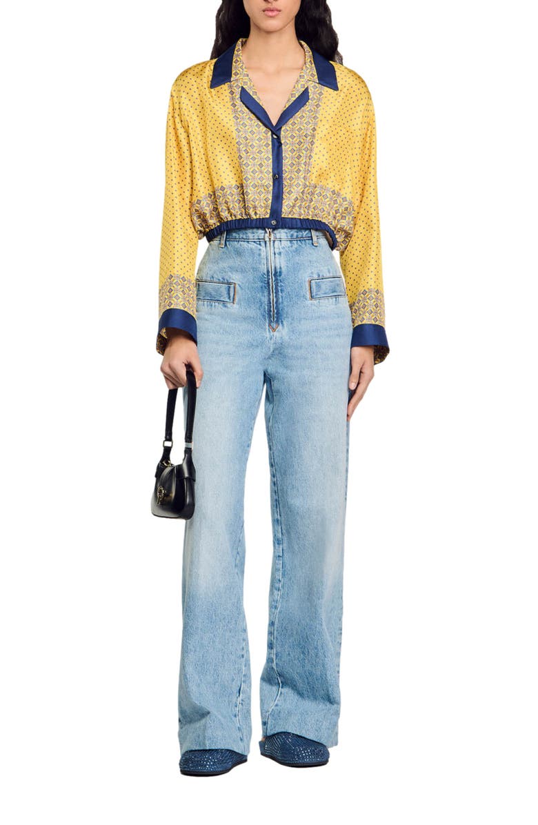 SANDRO Short patterned flowing silk shirt, Alternate, color,