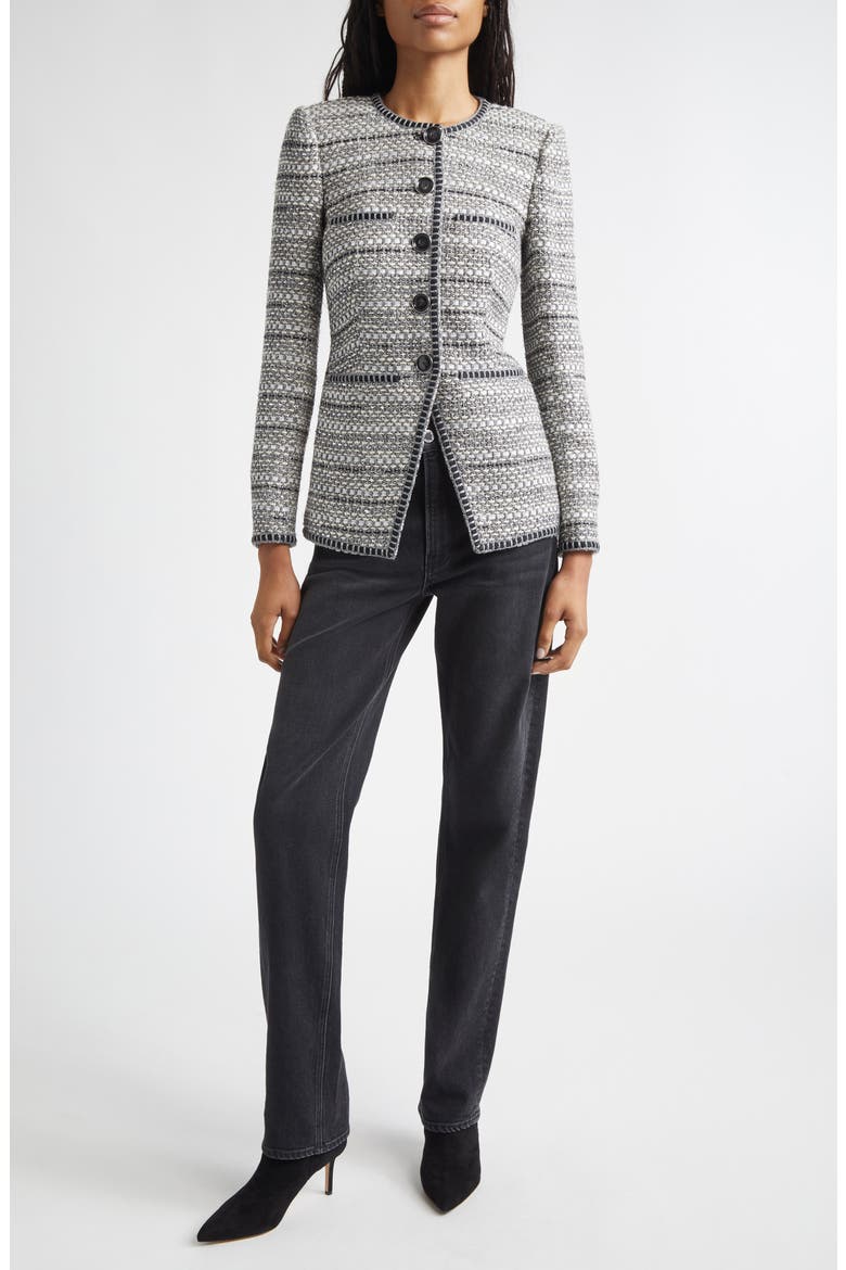 Alessia Metallic Tweed Cutaway Jacket, Alternate, color, SILVER