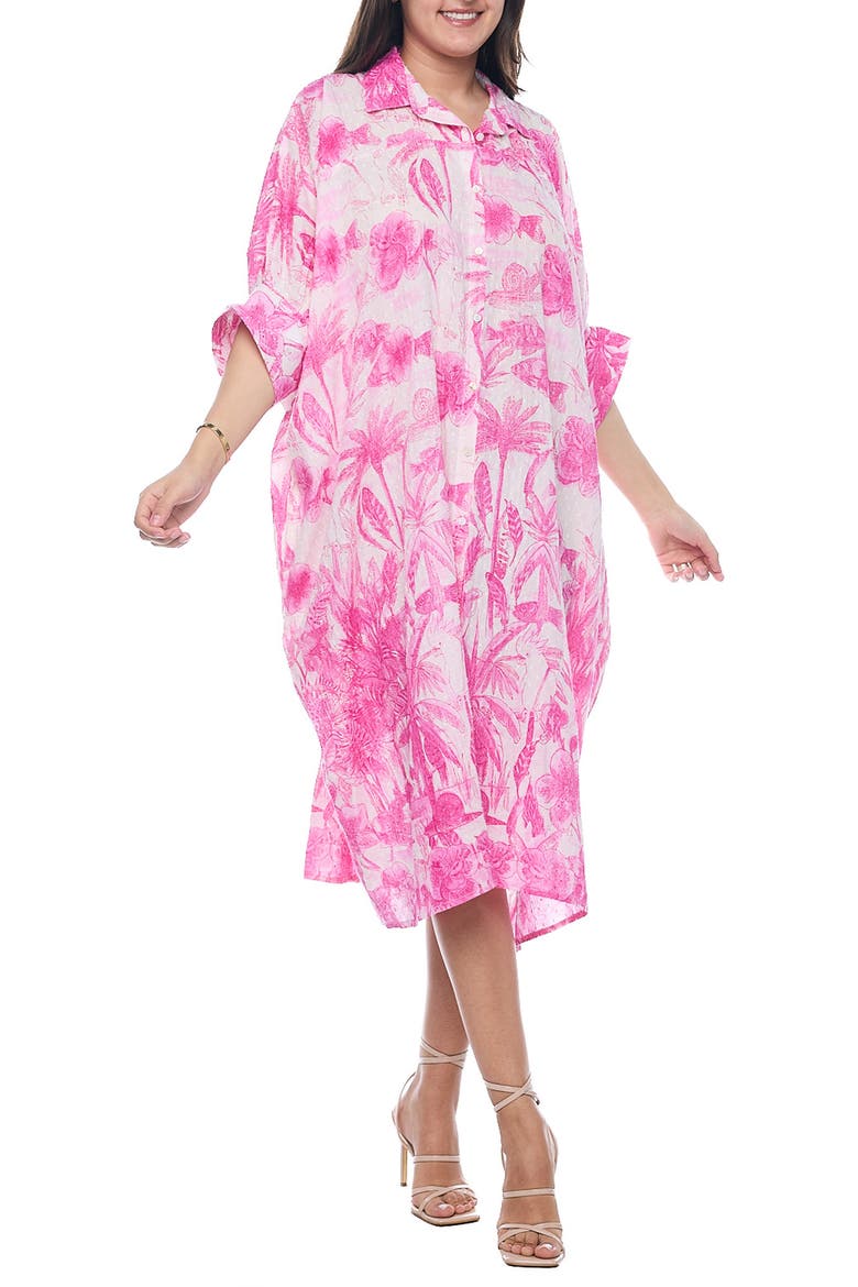 Palm Three-Quarter Sleeve Cotton Button-Up Dress, Main, color, PINK