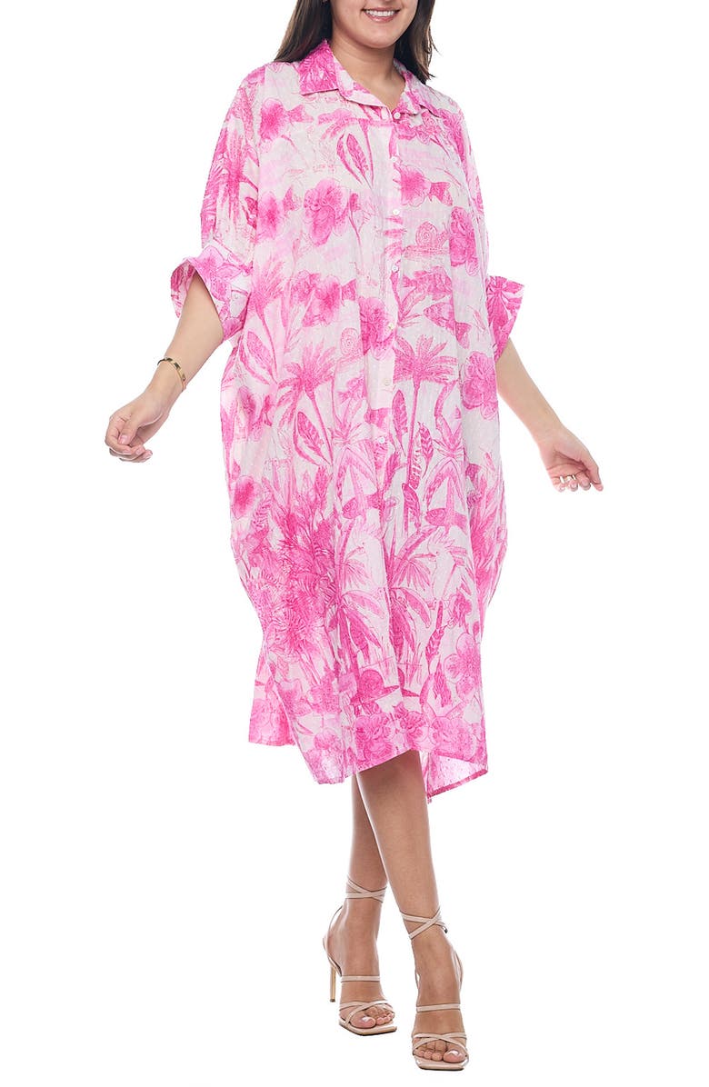 RANEES Palm Three-Quarter Sleeve Cotton Button-Up Dress, Main, color, Pink