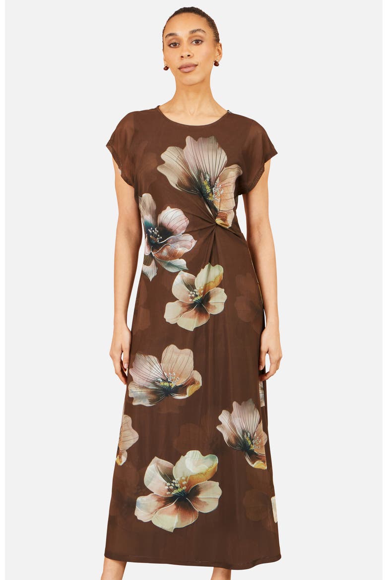 Mesh Floral Midi Dress, Alternate, color, Brown