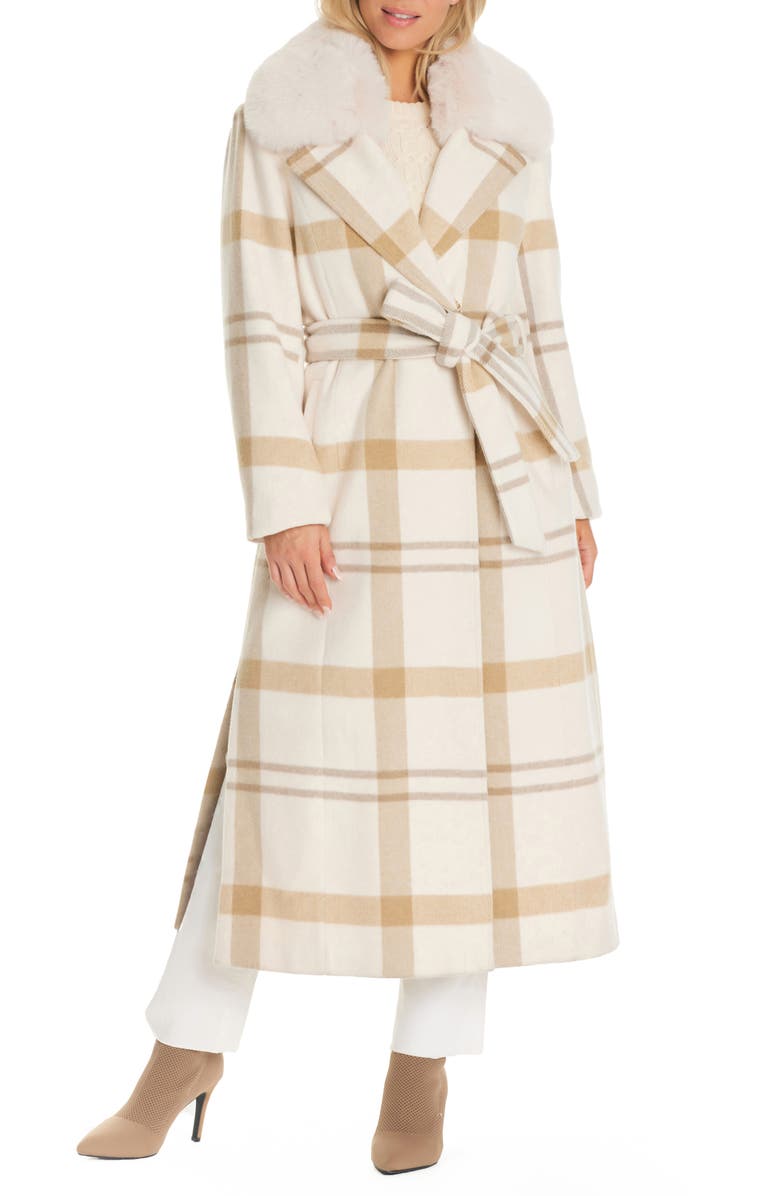 Vince Camuto Plaid Coat with Removable Faux Fur Collar, Main, color,