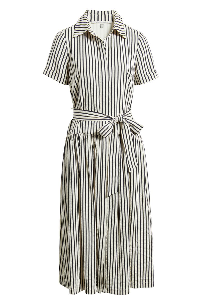Stripe Tie Waist Midi Shirtdress, Alternate, color, IVORY BLACK
