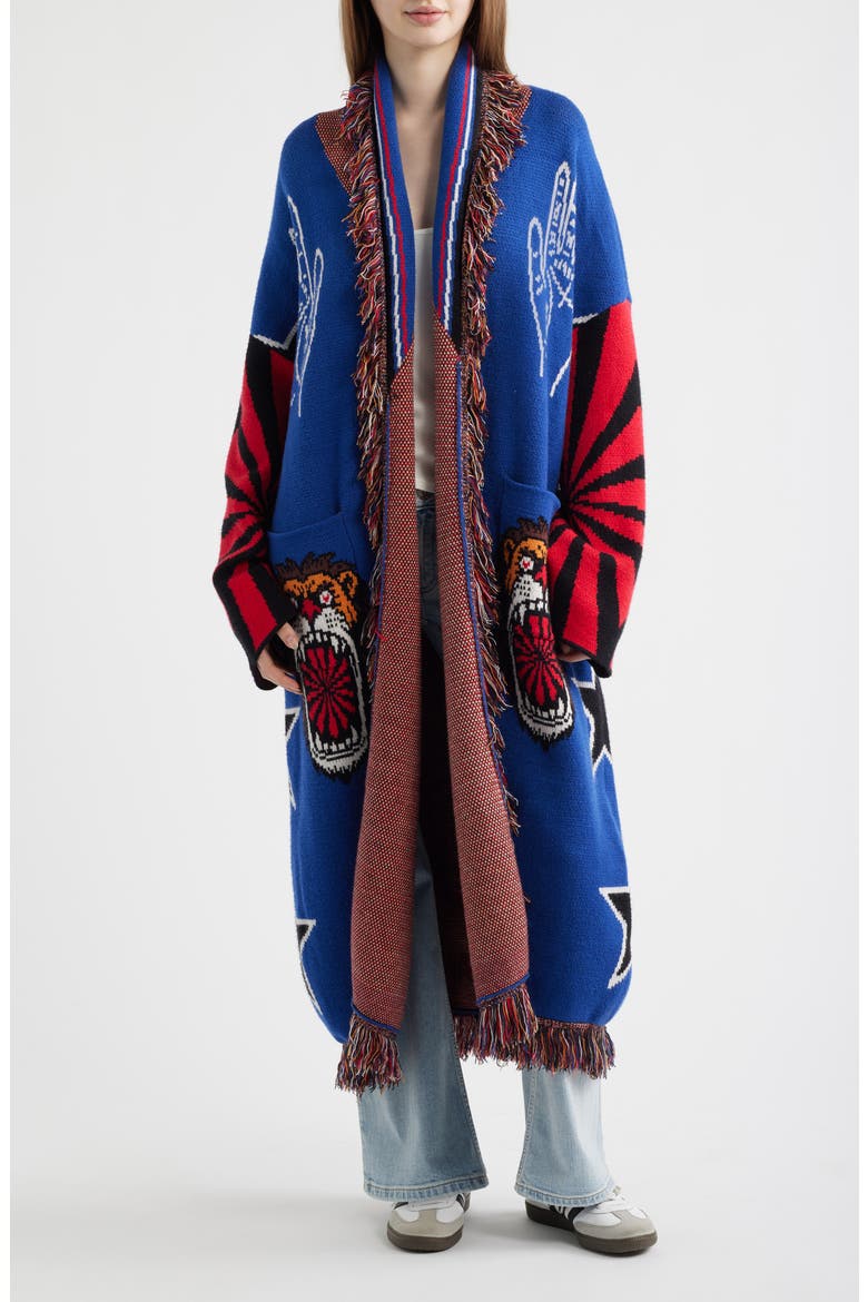You Can Have It All Luxe Fringe Cardigan, Main, color, ROYAL BLUE/ RED
